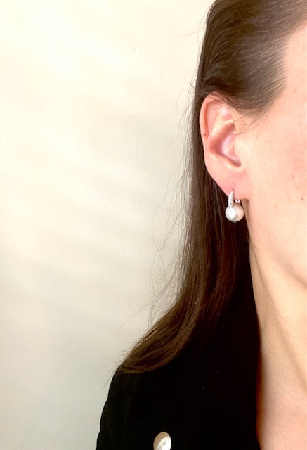 White Gold Diamond and South Sea Pearl Huggie Hoop Earrings